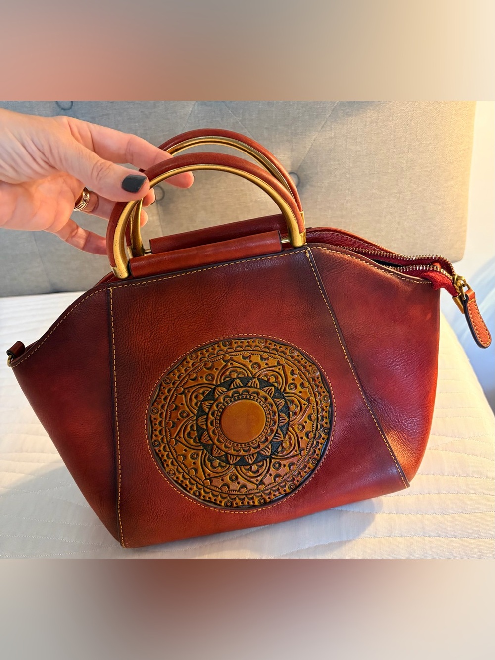 Women's Embossed Leather Top-Handle Bag in Deep Burgundy